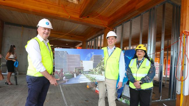 James Cook University vice chancellor professor Simon Biggs with IMS chief executive Dr Stefan Antoniou and Cairns and Hinterland Hospital and Health Service chief executive Leena Singh at the announcement of a new private hospital for Cairns. Picture: Peter Carruthers