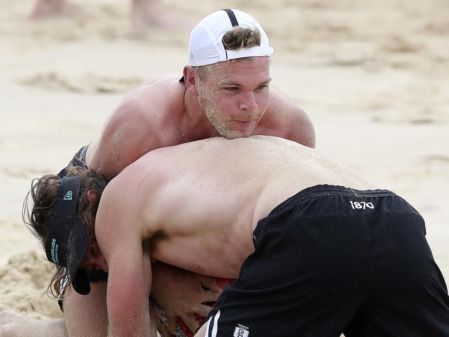 AFL - Port Adelaide training camp,  Maroochydore Queensland - DAY 3  Beach combat / training.  Dan Houston and Jarrod Lienert Picture SARAH REED