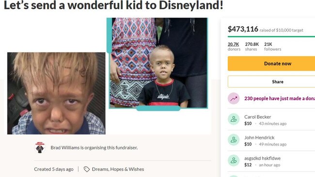 More than $A716,000 has been raised to send Quaden to Disneyland. Picture: GoFundMe