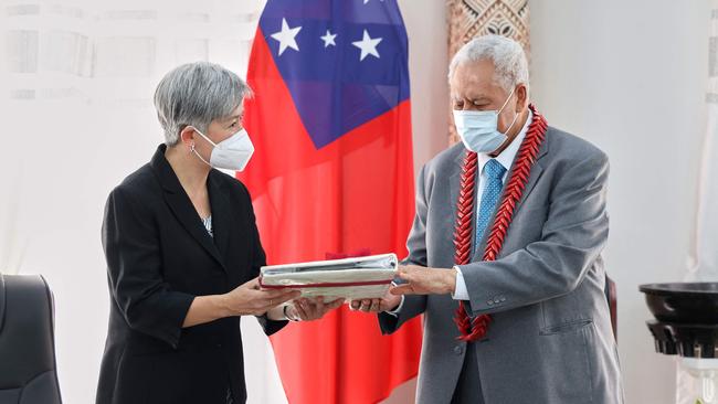 Foreign Affairs Minister Penny Wong meets Samoa's Head of State Tuimalealiifano Vaaletoa Sualauvi II at his official residence in Apia.