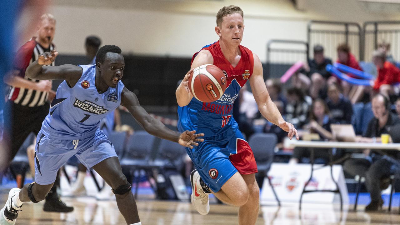 Adam Gehrig for Toowoomba Mountaineers against Northside Wizards in QSL Division 1 Men round 2 basketball at Clive Berghofer Arena, St Mary's College, Sunday, April 21, 2024. Picture: Kevin Farmer