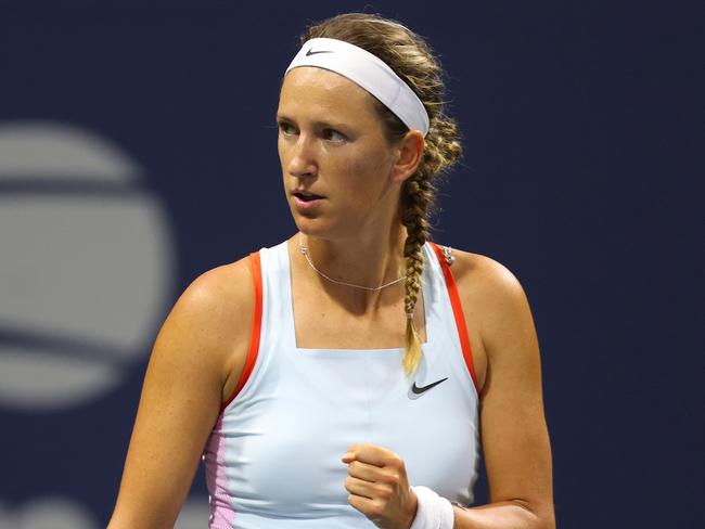 NEW YORK, NEW YORK - AUGUST 30: Victoria Azarenka reacts against Ashlyn Krueger of the United States in their Women's Singles First Round match on Day Two of the 2022 US Open at USTA Billie Jean King National Tennis Center on August 30, 2022 in the Flushing neighborhood of the Queens borough of New York City. (Photo by Mike Stobe/Getty Images)
