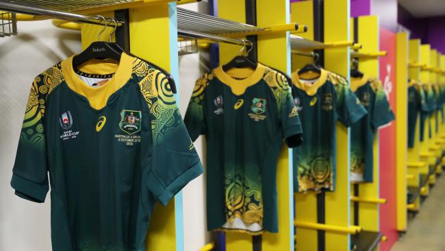 OITA, JAPAN - OCTOBER 05: Indigenous jerseys worn by Australian players are hung in the dressing room prior to the Rugby World Cup 2019 Group D game between Australia and Uruguay at Oita Stadium on October 05, 2019 in Oita, Japan. (Photo by Dan Mullan/Getty Images)