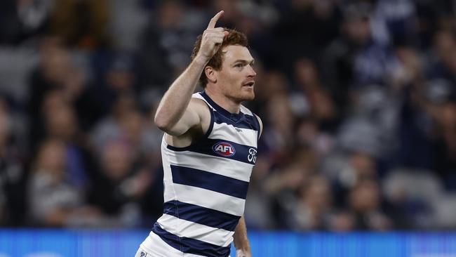 Gary Rohan of the Cats celebrates a goal. (Photo by Darrian Traynor/Getty Images)