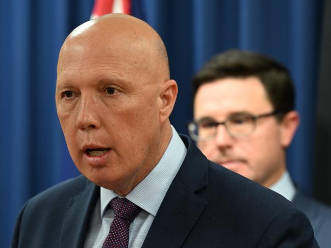 05/06/2022: Opposition leader Peter Dutton and leader of the National party David Littleproud announce the members of the shadow cabinet at the Comm Gov offices in, Brisbane. Lyndon Mechielsen/The Australian