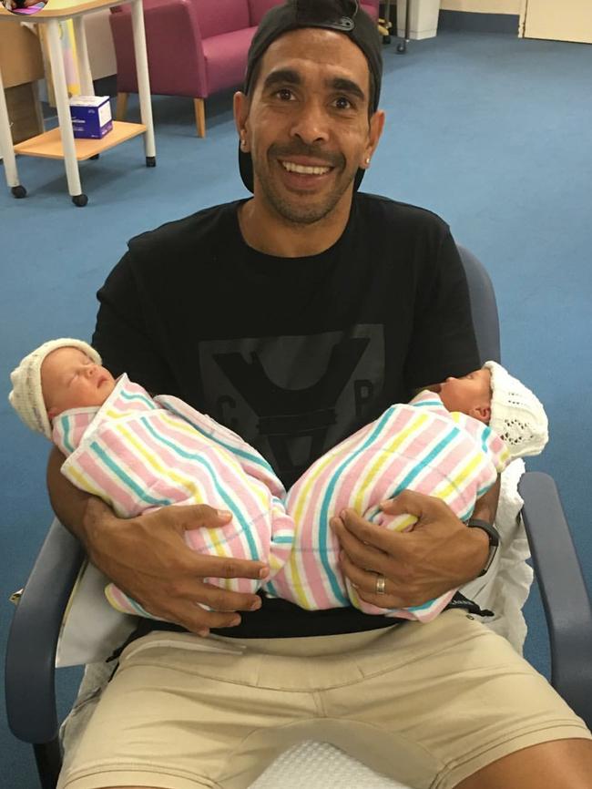 Eddie Betts with Alice and Maggie, his twin daughters. Picture: Instagram.