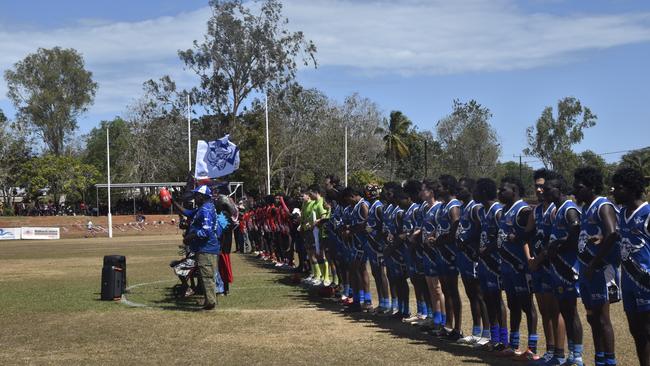 Pre game proceedings taking place at the Tiwi Island Football League grand final between Tuyu Buffaloes and Pumarali Thunder. Picture: Max Hatzoglou