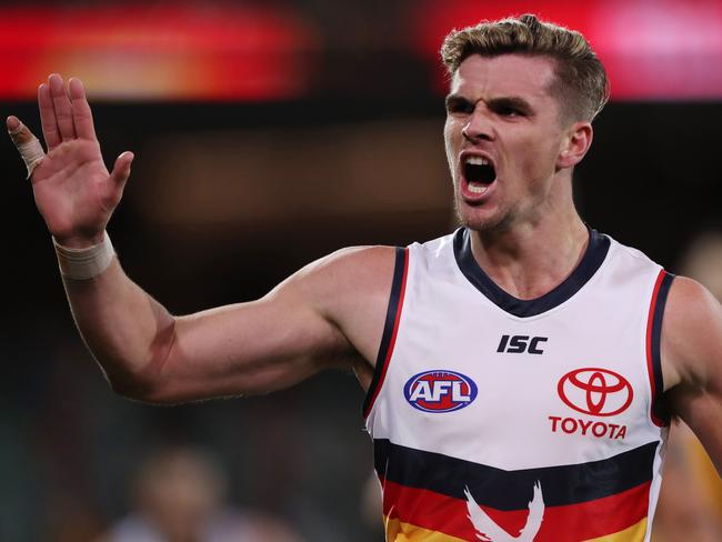 ADELAIDE, AUSTRALIA - SEPTEMBER 01: Ben Keays of the Crows celebrates a goal during the 2020 AFL Round 15 match between the Hawthorn Hawks and the Adelaide Crows at Adelaide Oval on September 1, 2020 in Adelaide, Australia. (Photo by James Elsby/AFL Photos via Getty Images)