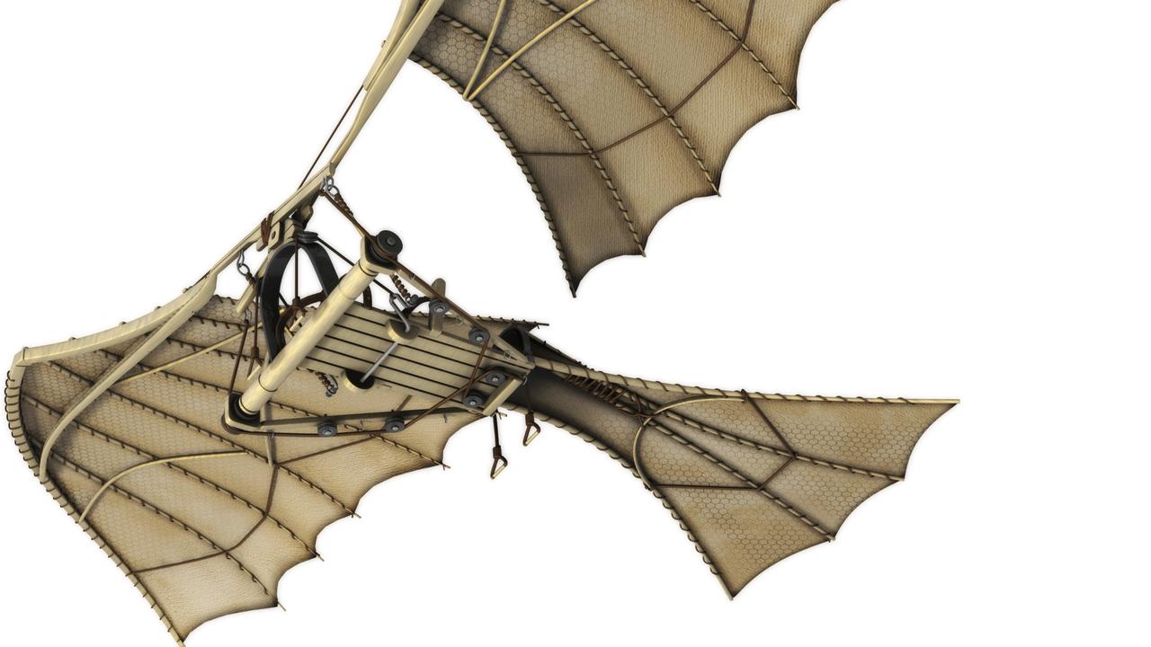 3d Da Vinci Ornithopter Flying Machine. Background. Technical drawing.