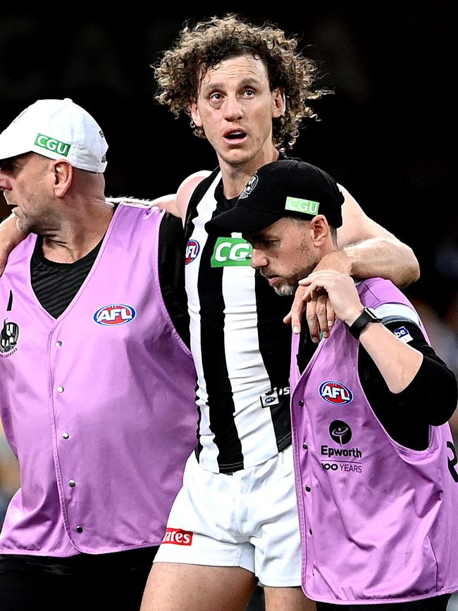 Chris Mayne came off second-best from a contest with Patrick Cripps late in the game. Picture: Bradley Kanaris/Getty Images