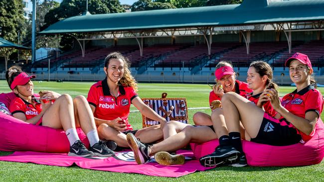 The Sydney Sixers teen gang ahead of the opening weekend of the season at North Sydney Oval from Friday night. Alisha Bates, Emma Hughes, Hayley Silver-Holmes, Maddy Darke and Stella Campbell.