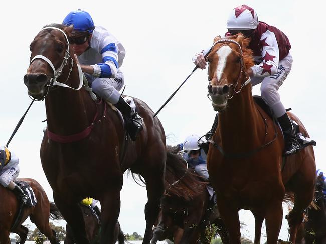 MELBOURNE, AUSTRALIA - NOVEMBER 01: Blake Shinn rides Kermadec to win race one, the Carbine Stakes on Derby Day at Flemington Racecourse on November 1, 2014 in Melbourne, Australia. (Photo by Robert Cianflone/Getty Images)