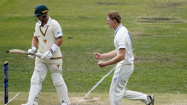 Young bowler Jack Edwards celebrates dismissing Tigers batsmen Ben McDermott in the Sheffield Shield in March.