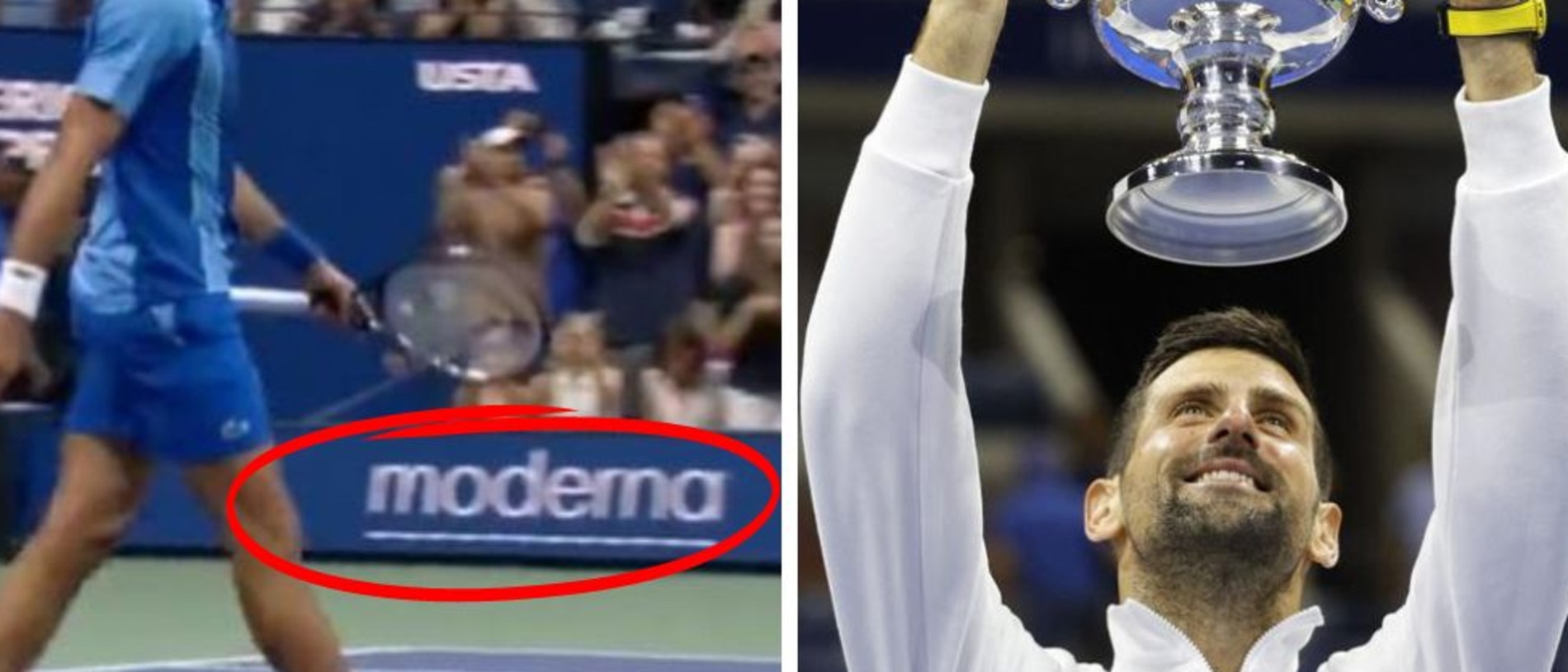 Novak Djokovic celebrates and Moderna sponsor