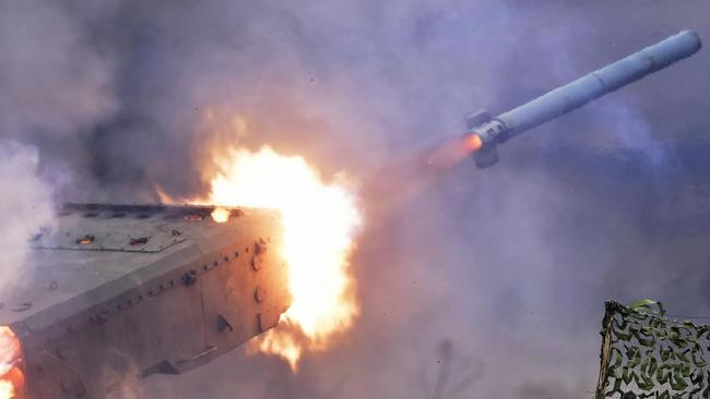 A TOS-1 Buratino Russian 24-barrel multiple rocket launcher during exercises at Sergeyevsky range. Picture: Yuri Smityuk\TASS via Getty Images