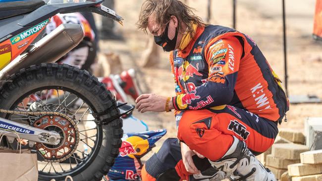 Australian motorcycle rider Toby Price shocked the motorcycle world by racing on a tyre held together with cable ties. Picture: Facebook, Toby Price Racing.