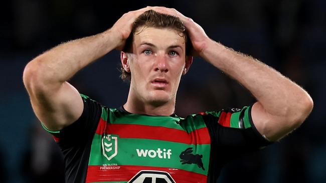 SYDNEY, AUSTRALIA - SEPTEMBER 01:  Campbell Graham of the Rabbitohs looks dejected after the round 27 NRL match between South Sydney Rabbitohs and Sydney Roosters at Accor Stadium on September 01, 2023 in Sydney, Australia. (Photo by Matt King/Getty Images)