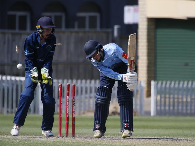 Parramatta’s Blake Noorbergen is bowled by Myles Kapoor as wicketkeeper Caleb Conners looks on. Picture: Warren Gannon Photography