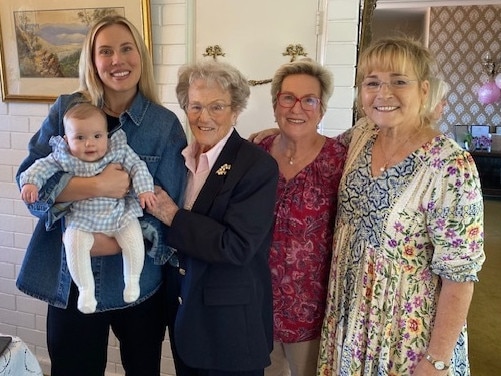 Audrey Fakes (centre), of Seaforth, who has just celebrated her 100th birthday, with three other generations of her family. (Left to right) Granddaughter Alice Kenyon, holding great granddaughter Elke, 5 months, Audrey, with her daughters Debbie Kenyon and Robbie Stuart. Picture: Supplied