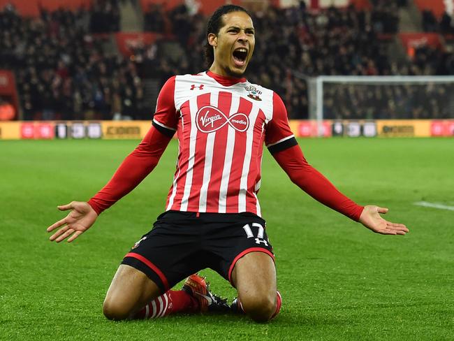 Virgil van Dijk celebrates scoring a goal for Southampton.