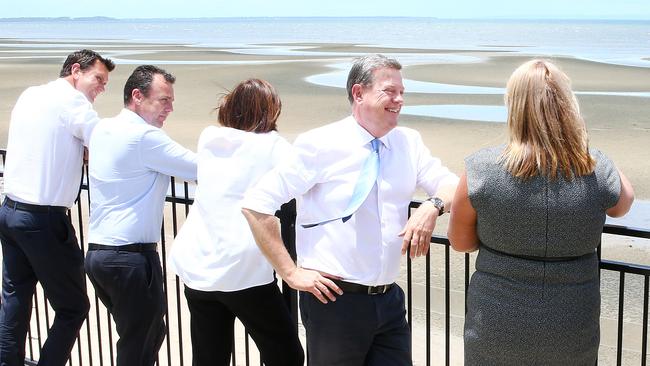 Dan Purdie (Ninderry), Marty Hunt (Nicklin), LNP Deputy Leader Deb Frecklington, LNP Leader Tim Nicholls, Simone Wilson (Pumicestone), and Brent Nickelberg (Buderim), gather in the seat Pumicestone to congratulate each other on their likely election wins, Beachmere. Photographer: Liam Kidston