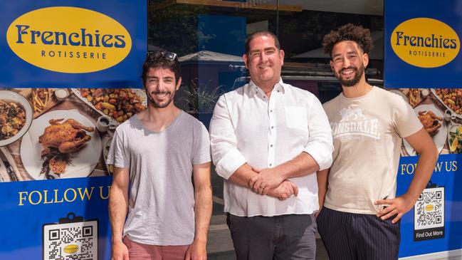 Left to right: Jeremy Pace, David Singer and specialist chef Guillaume Kuhn outside the new Frenchies Rotisserie which is due to open in Manly.