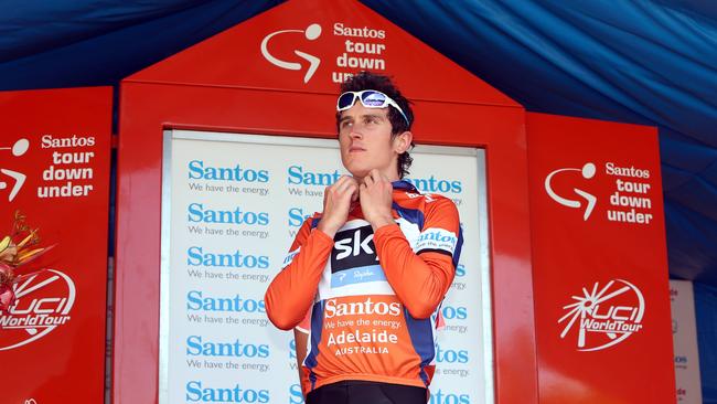 Thomas in the leader’s ochre jersey at the Tour Down Under in 2013.