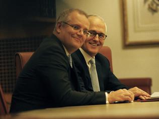 The Treasurer Scott Morrison with the Prime Minister Malcolm Turnbull during an Expenditure Review Committee Meeting in the Cabinet Room of Parliament House in Canberra. Picture Gary Ramage