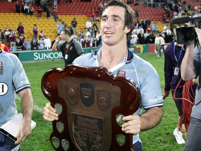 Andrew Johns with the trophy displays trophy after Game 3 of Queensland v NSW State of Origin series at Suncorp Stadium in Brisbane.