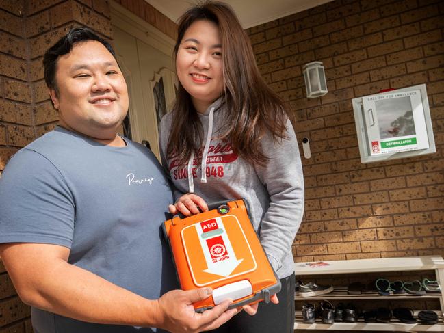 Partnership with St John Ambulance Victoria. Announcing St Albans as the latest suburb to receive these free defibrillators, the case study will be a husband and wife James Hua and Elisa Vo who work as an ambulance driver and she is a nurse. Picture: Tony Gough