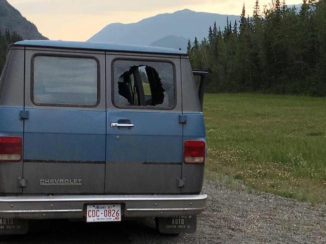 The blown out window of the blue Chevy van belonging to Lucas Fowler and Chynna Deese. Picture: Supplied