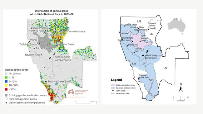 Left: Distribution of gamba grass across Litchfield. Right: Proposed gamba grass eradication zones in Litchfield. Picture: NESP Litchfield National Park Gamba Mapping Report.