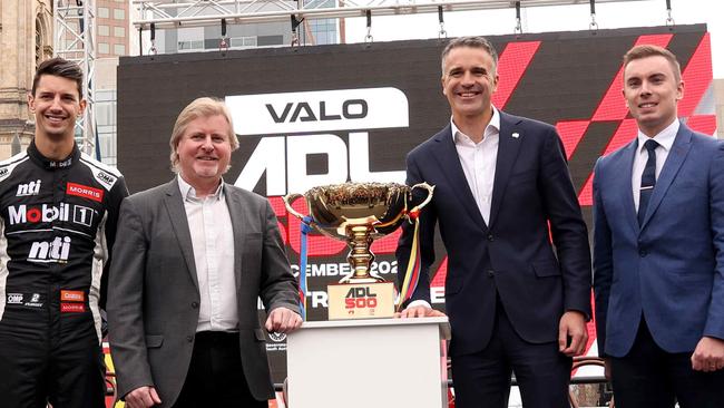 From left: driver Nick Percat, Motor Sport Board chief executive Mark Warren, Premier Peter Malinauskas and Aaron Hickmann at the Adelaide 500’s official launch in Victoria Square last year. Picture: NCA NewsWire / Kelly Barnes