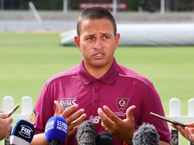 BRISBANE, AUSTRALIA - MARCH 21, 2025: Queensland Bulls batter Usman Khawaja during a press conference at the Allan Border Field. Picture: Tertius Pickard