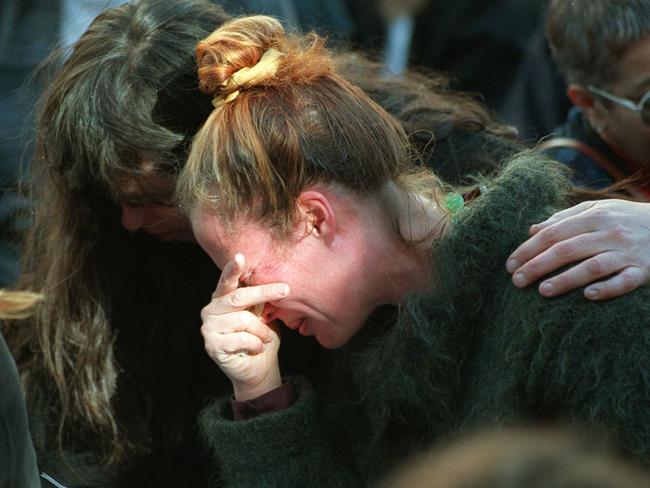 1/05/1996. Port Arthur shooting. memorial service at st davids cathedral in hobart. an emotional woman trying to come to terms with it all. Port Arthur massacre. Mass murder. Tasmania.