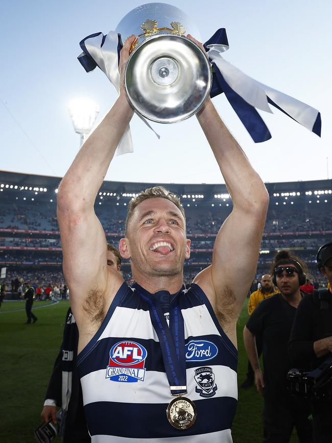 Selwood holds the AFL Premiership Cup after the Cats’ 2022 Grand Final win. Picture: Getty Images