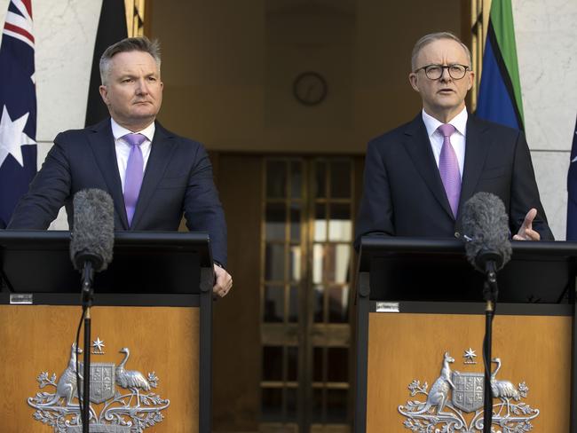 CANBERRA, AUSTRALIA NewsWire Photos - AUGUST 03, 2022: Prime Minister, Anthony Albanese with the Minister for Climate Change and Energy, Chris Bowen, spoke to media during a press conference in Parliament House in Canberra. Picture: NCA NewsWire / Gary Ramage