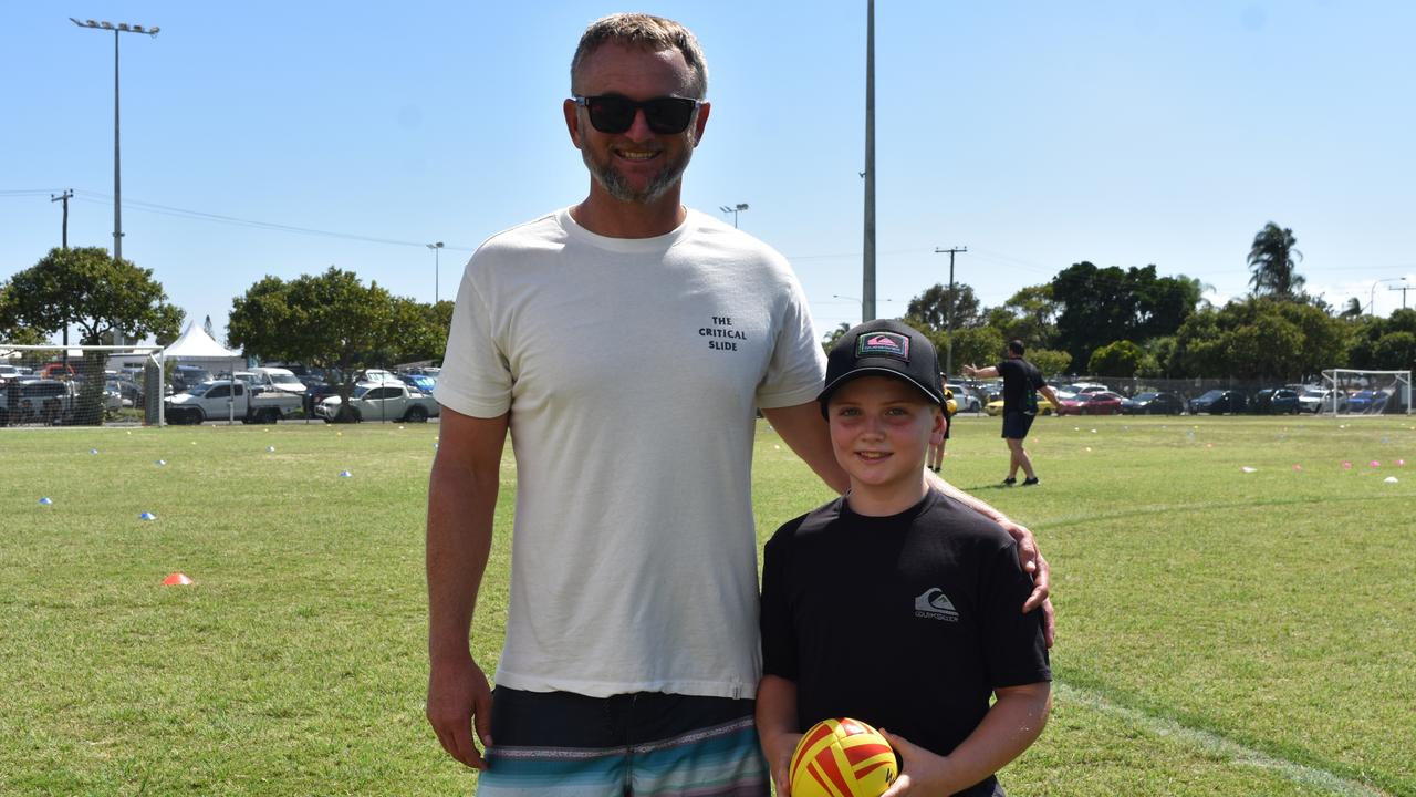 Brendan and Kai Newcombe at the Play Something Unreal rugby league clinic in Kawana. Picture: Sam Turner