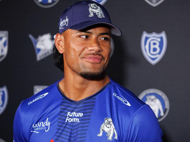 THE DAILY TELEGRAPH, DECEMBER 13, 2023NRL star Stephen Crichton fronts the media in his Bulldogs jersey after a high profile move from Penrith Panthers. future Picture: David Swift