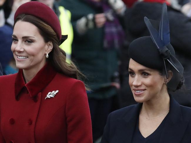 Britain's Kate, Duchess of Cambridge and Meghan Duchess of Sussex arrive to attend the Christmas Day service in Sandringham. Picture: AP