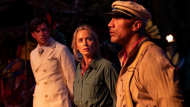 Jack Whitehall as Macgregor, Emily Blunt as Lily and Dwayne Johnson as Frank in Jungle Cruise. Photo: Frank Masi. © 2021 Disney Enterprises