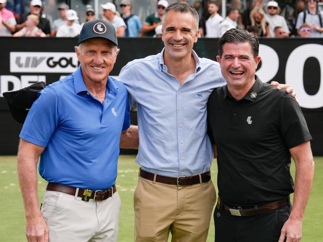 February 16th, 2025. Photo: Greg Norman, Peter Malinauskas and Scott OÃNeil. LIV Golf announcement. Picture: Tim Joy