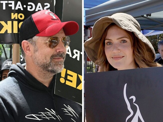 Jason Sudeikis and Mandy Moore join the Hollywood strike.