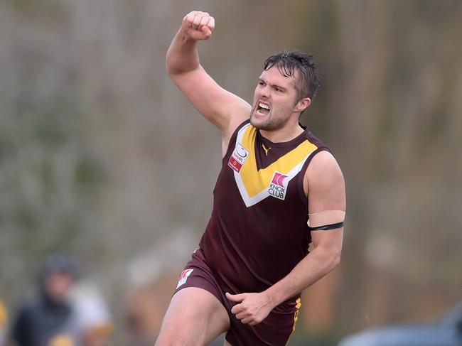 EFL (division 3) football: Boronia versus Donvale at Tormore Reserve, Boronia. Boronia's Lachlan McKernan (17) punches the air in celebration of his goal.