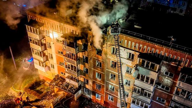 A residential building on fire following a Russian air attack in Ternopil amid the Russian invasion of Ukraine. Picture: AFP