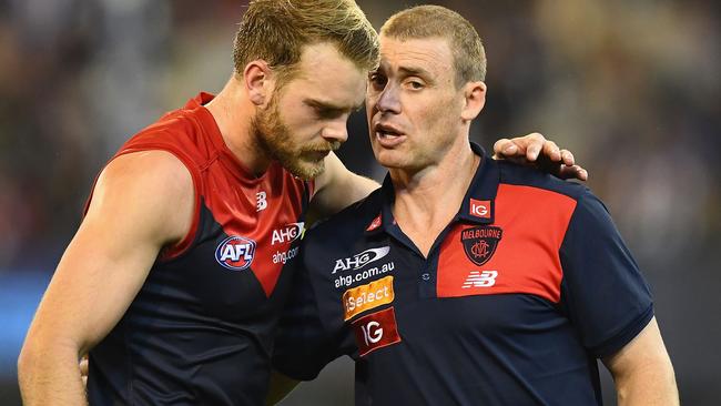 Jack Watts with Melbourne coach Simon Goodwin.