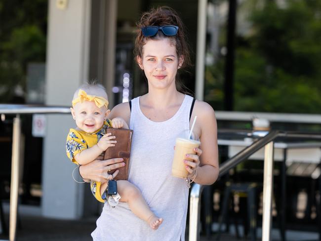 Palmerston mum Jacqui Jones-Dooley and her daughter Taylee Hack ... Ms Jones-Dooley said it was important to support local business, Mosko’s Market. Picture: Glenn Campbell