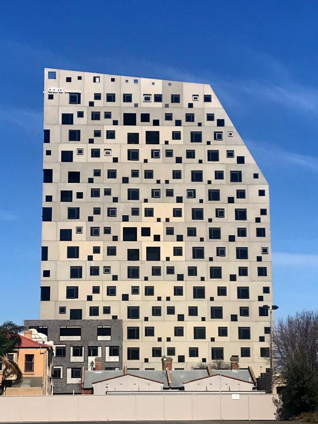 A grey box, bereft of balconies - the Atira student housing block on Waymouth St is a polarising building Picture: Nathan Davies