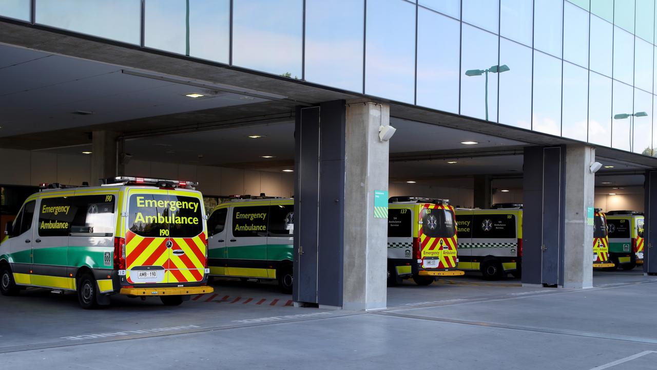 Ambulances parked at the Royal Adelaide Hospital. Ramping Picture: NewsWire / Kelly Barnes