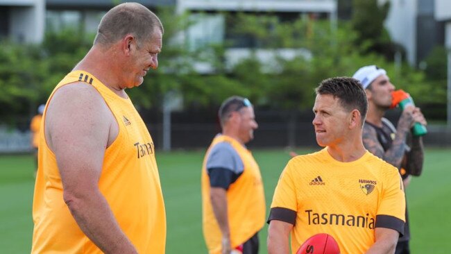 Brendon Bolton in familiar surroundings back at Hawthorn with Damian Monkhorst.